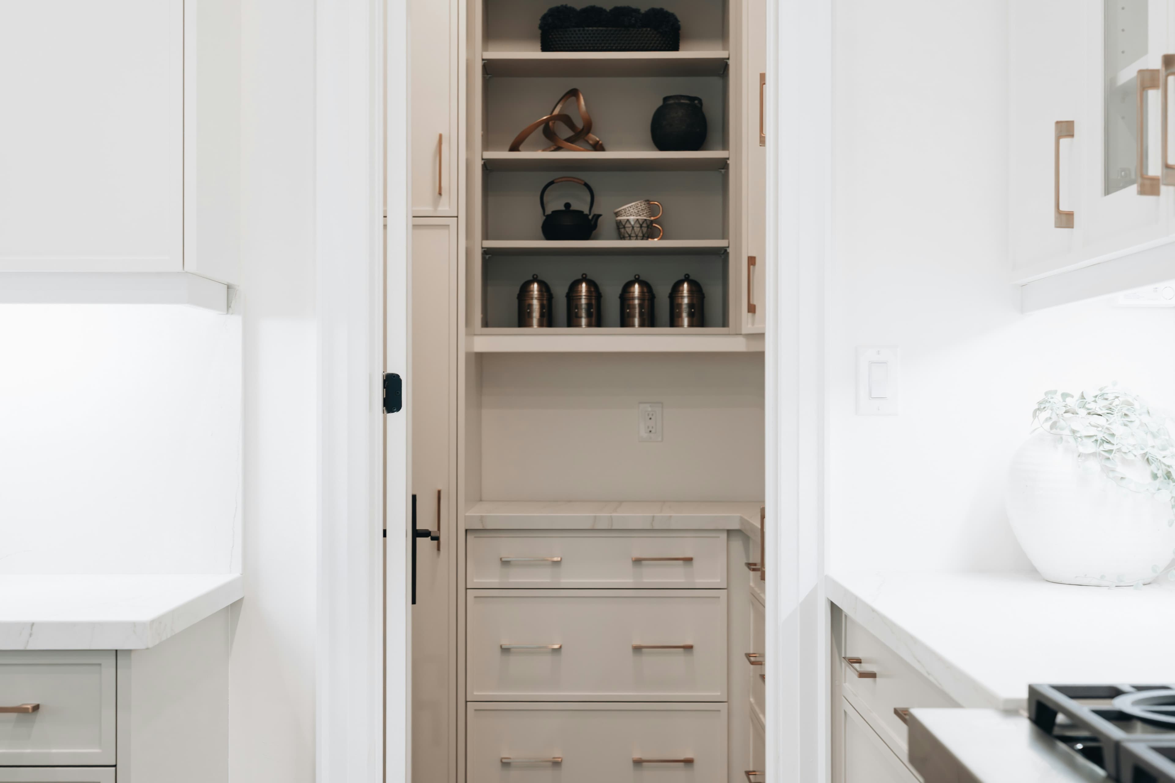 Walk-in pantry with shelves and cabinet drawers